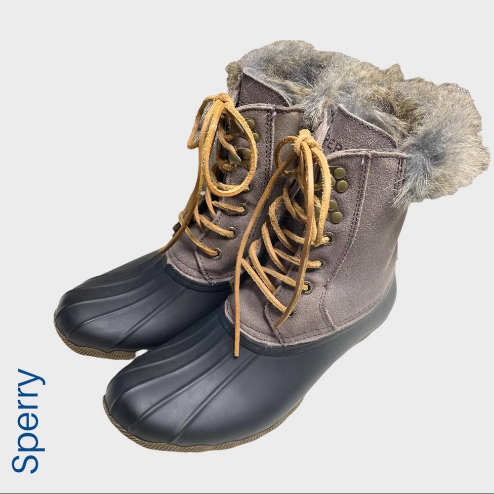 Women's Sperry gray suede faux fur trim waterproof duck boots size 7